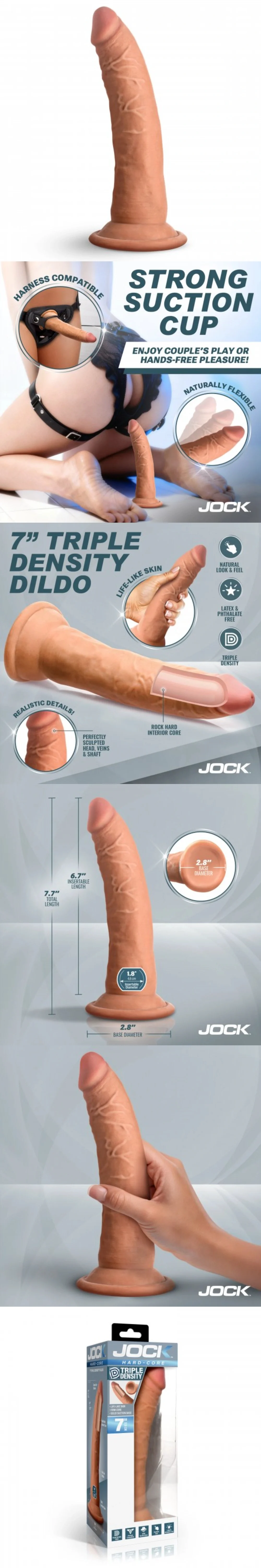 hard core 7 inch triple density dildo realistic suction base tpe hands free play