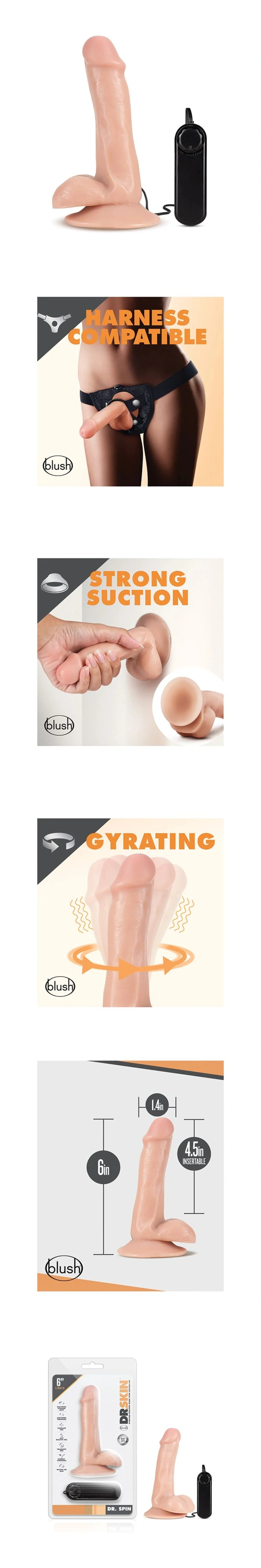 blush dr skin dr spin 6 inch gyrating realistic suction cup dildo vibrating shaft for solo play