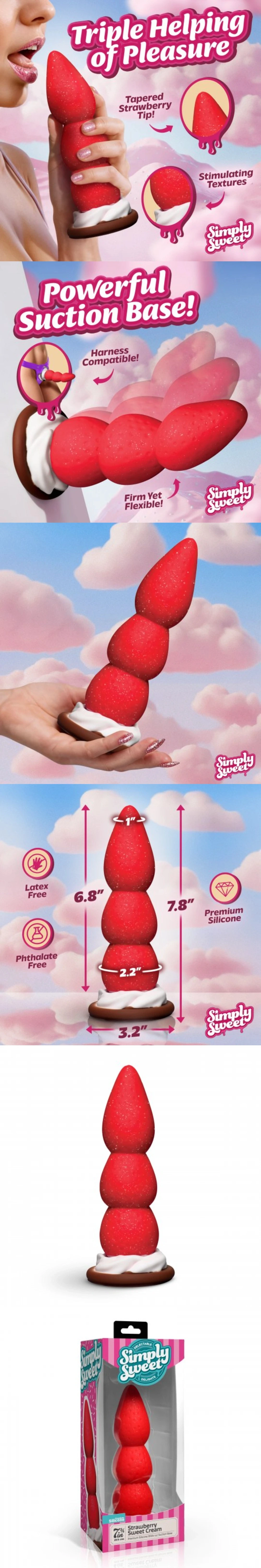simply sweet premium silicone dildo strawberry cream firm feel suction base for adults