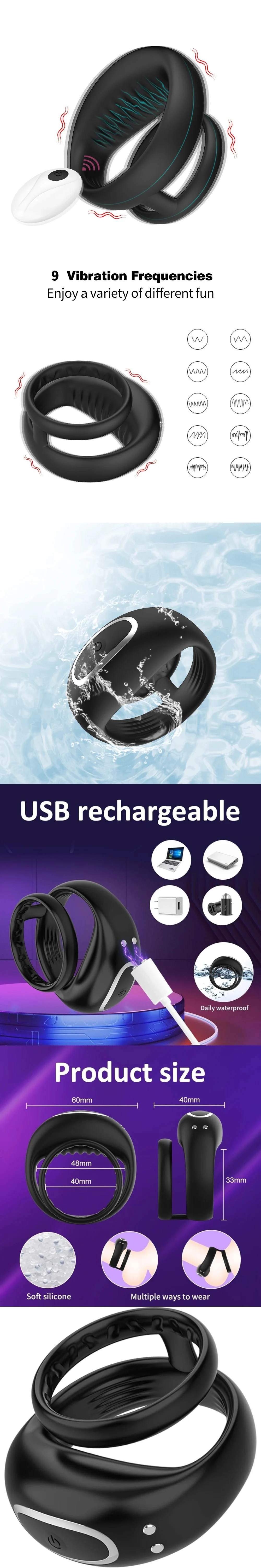 venusfun locking vibrating cock ring for men with 9 modes silicone delay design and adjustable fit