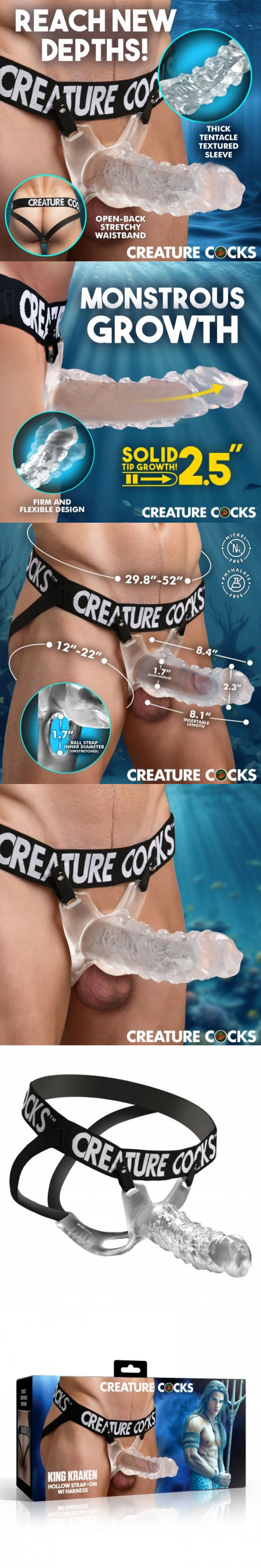 xr brands king kraken hollow strap-on clear penis sleeve with harness