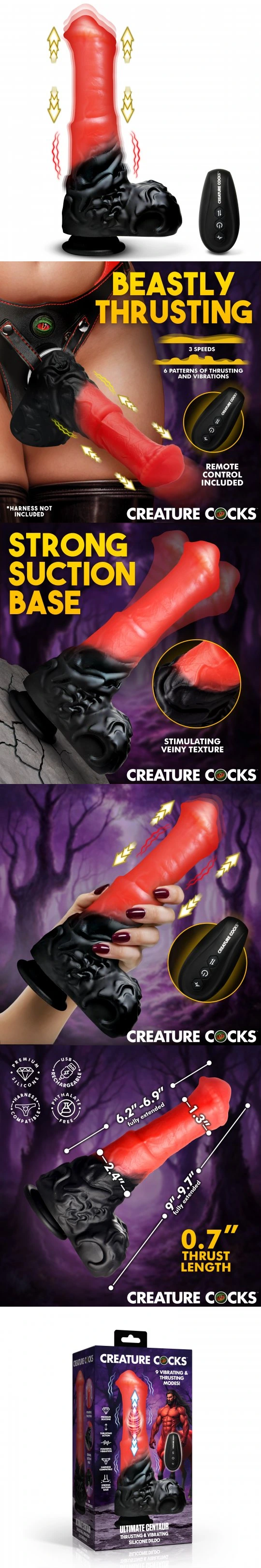 creature cocks ultimate centaur thrusting vibrating silicone dildo 9 inch 9 modes with suction cup base