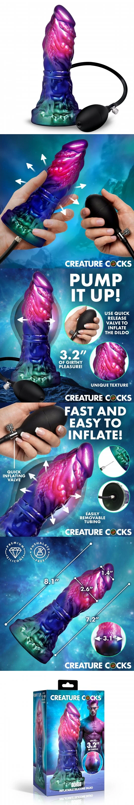 creature cocks gorge inflatable silicone dildo 8 inch textured shaft