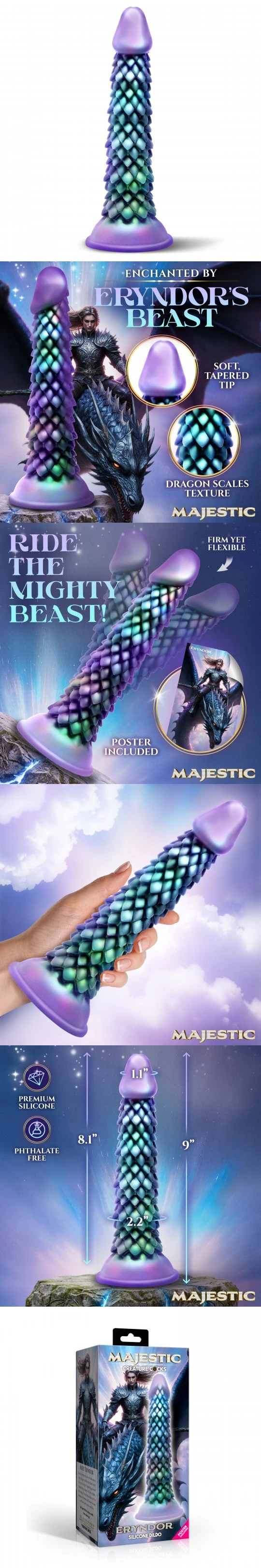 eryndor silicone dildo 8.1 inch full coverage scales dragon dildo with suction cup base fantasy toy