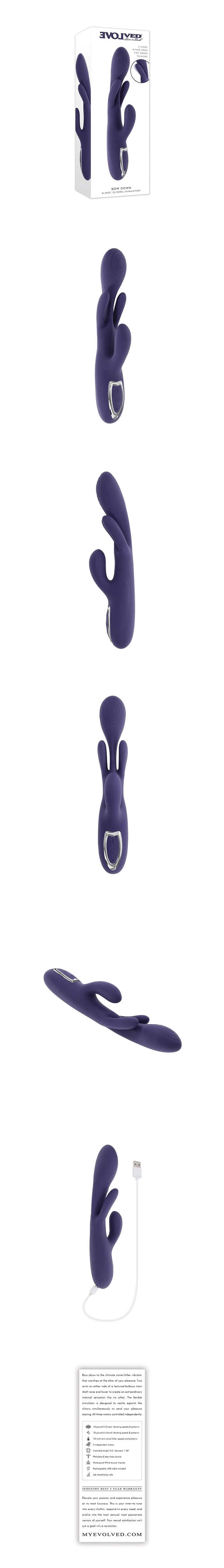 evolved bow down rabbit vibrator with dual come hither arms and 10 modes designed for g spot and clitoral stimulation made of body safe silicone