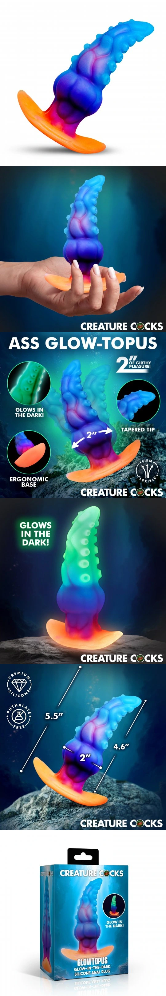 creature cocks glowtopus glow-in-the-dark tentacle silicone anal plug 2 inch textured stretch enhances male anal orgasm safe hands-free