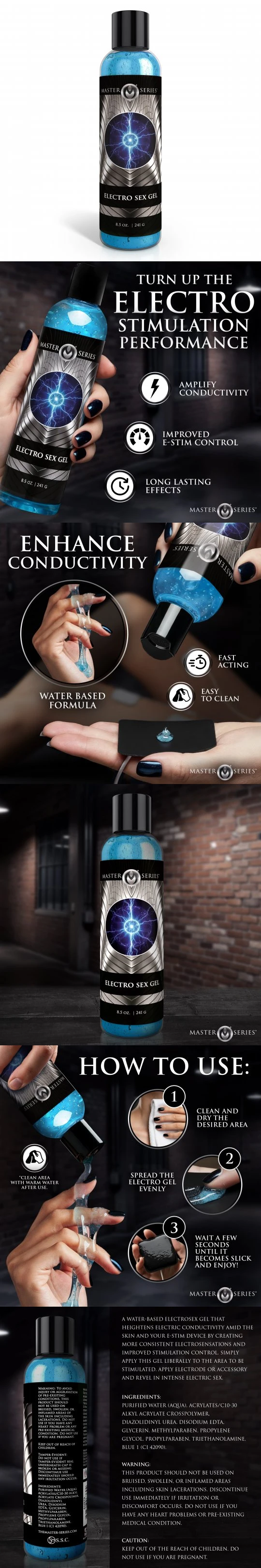 master series electro sex gel 8.5 oz water based conductive e stim gel for smooth stable stimulation with electrodes probes and plugs