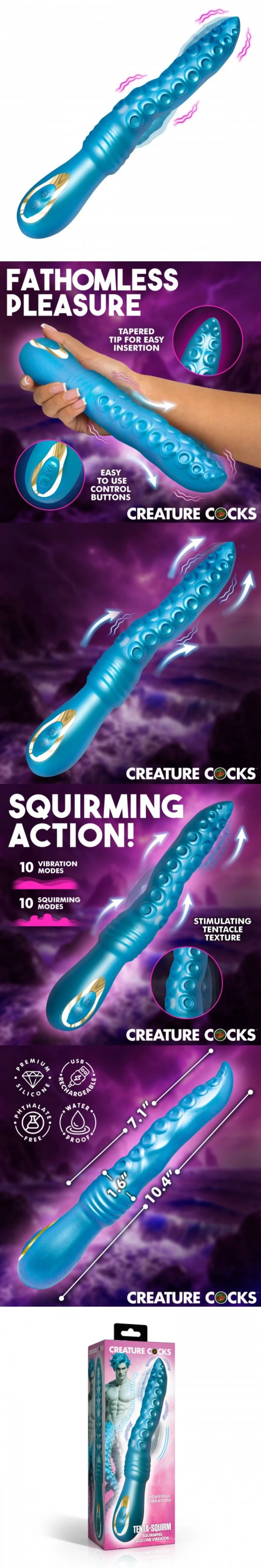 creature cocks tenta squirm tentacle fantasy vibrator with flexible silicone shaft and 10 squirming modes