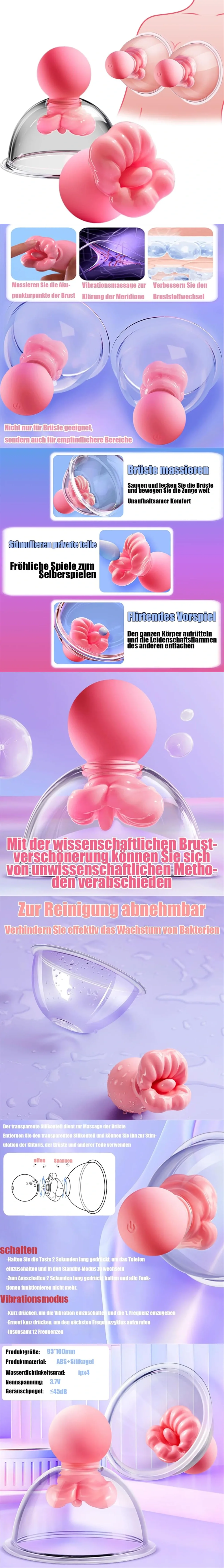 venusfun breast massager nipple vibrator tongue licking suction 12 modes pink silicone