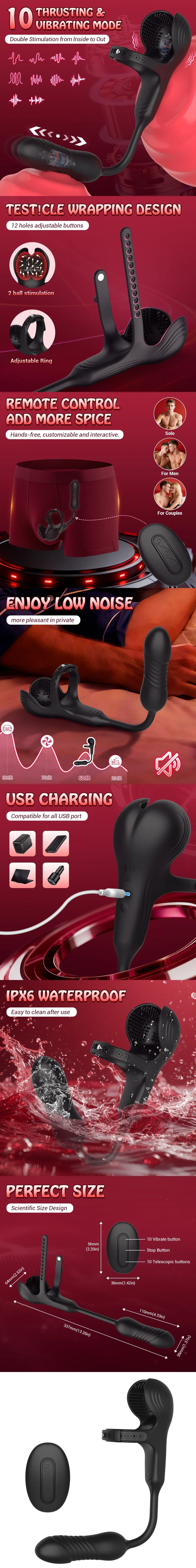 venusfun cock ring prostate massager thrusting vibrating anal toy for men with remote control silicone waterproof
