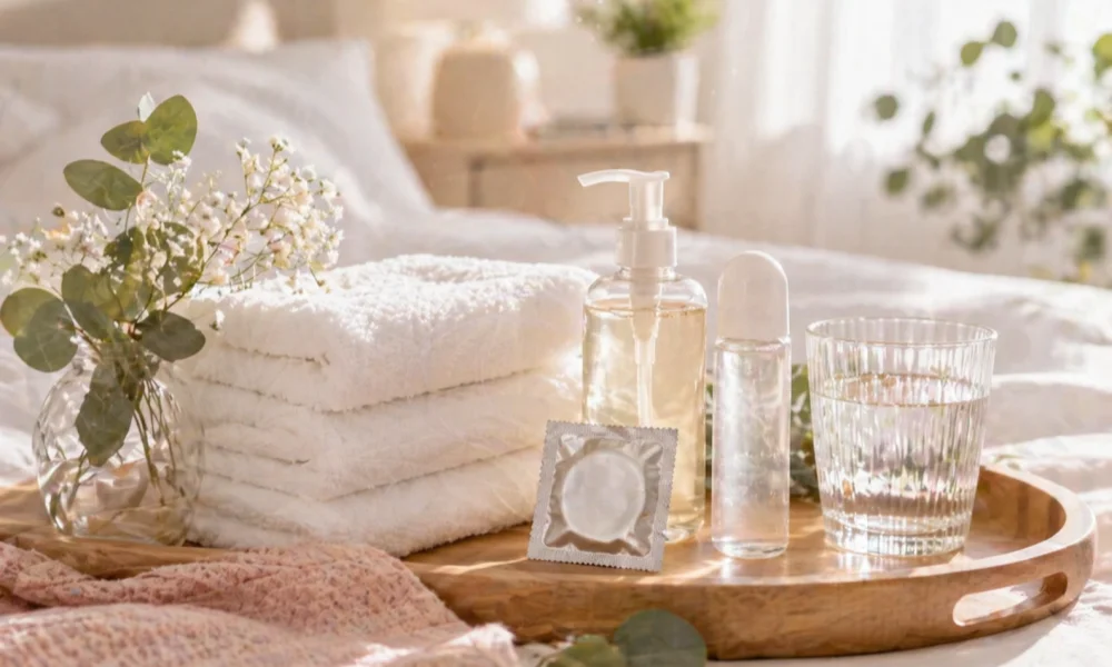 Why sex smells stronger afterward, showing fresh bedding, body warmth, natural scent mixing, lube, condoms, and post-sex cleanup in a clean bedroom setting