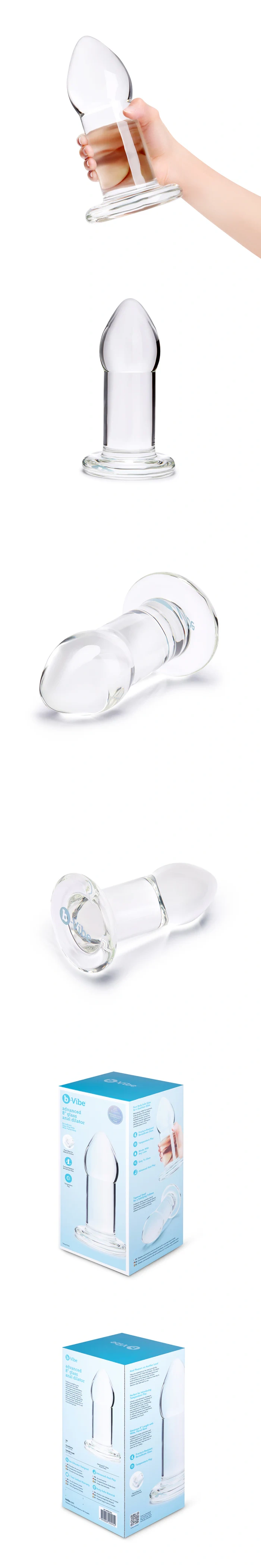 b-Vibe advanced 8 inch glass anal dilator body safe smooth glass for temperature play