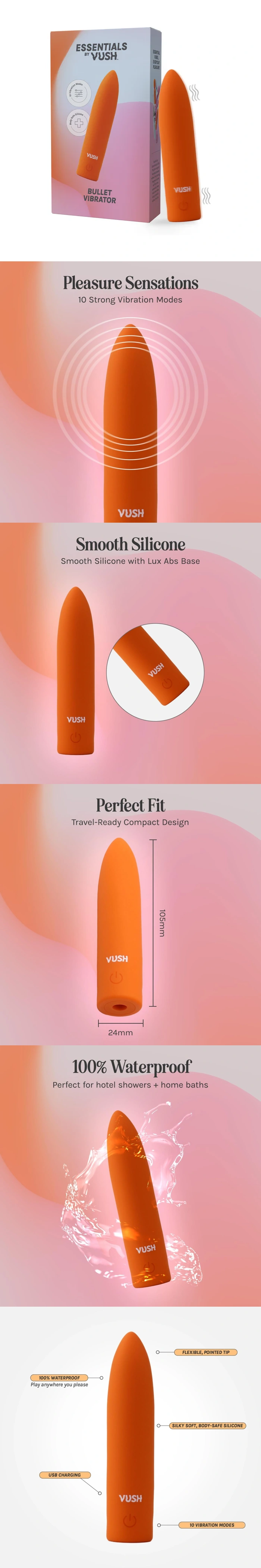 vush essentials bullet vibrator pocket vibrator for women clitoral massager 10 modes waterproof usb rechargeable compact travel design
