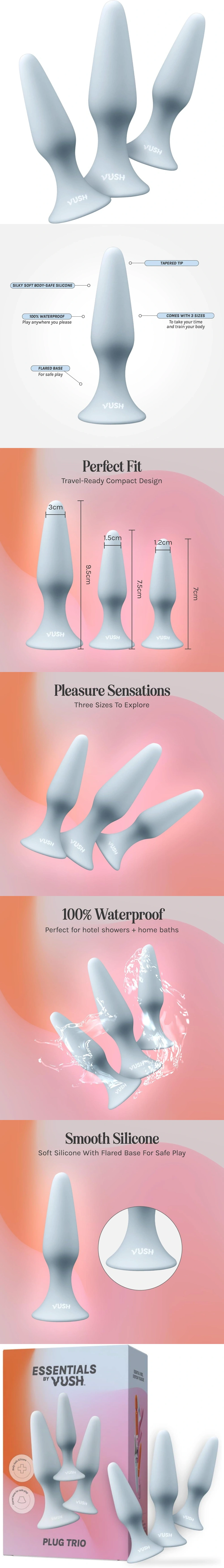 vush essentials plug trio silicone anal trainer kit public butt plug