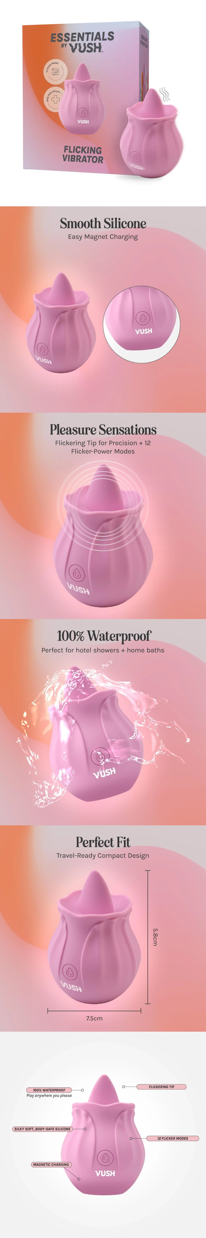 vush essentials flicking vibrator tongue toy women clitoral licking oral massager 12 modes waterproof silicone rechargeable