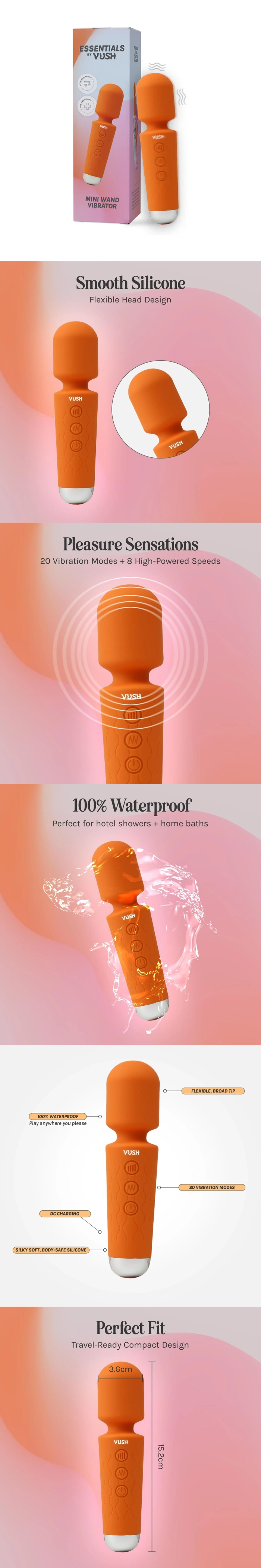 vush essentials mini magic wand vibrator compact silicone massager with 20 modes