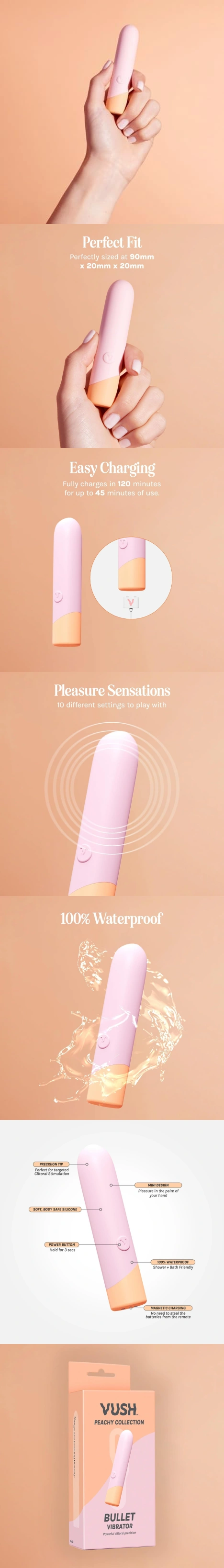 vush peachy bullet mini bullet vibrator silicone compact quiet lipstick style discreet vibrator for women