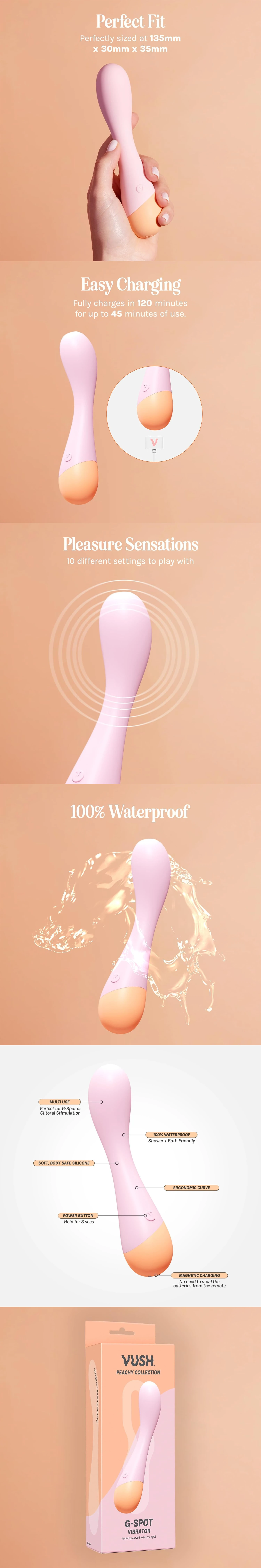 vush peachy g spot rechargeable vibrator body safe silicone 10 modes compact for women