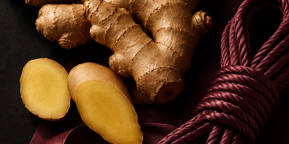 modern figging in bdsm sensation play with fresh ginger, soft rope, and tasteful wellness styling