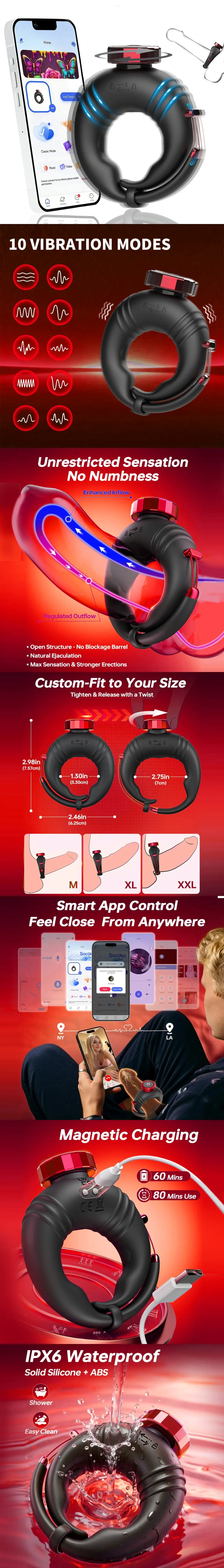 venusfun adjustable ring vibrator trainer for men soft silicone app control 10 modes sexual stamina