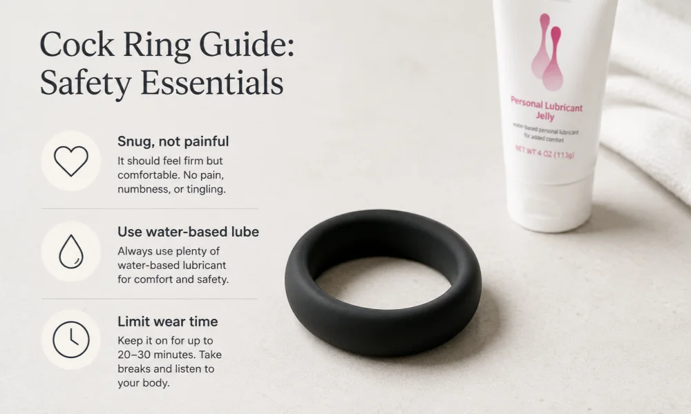 Cock Ring Safety Essentials for Beginners Cock ring safety essentials showing snug fit, water-based lube, and limited wear time