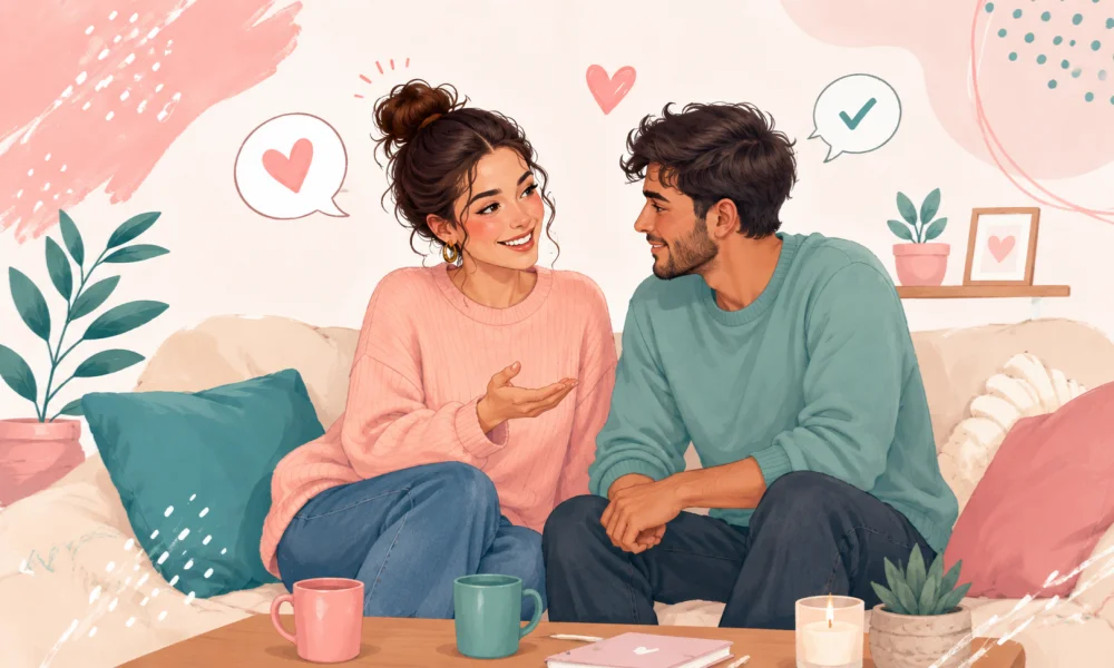 Couple discussing consent, comfort, and boundaries before playful motorboating or breast play Couple having a relaxed conversation about consent and comfort before playful breast play