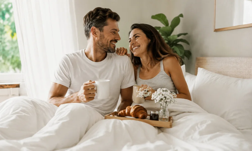 Cozy Morning Couple Moment Before Intimacy Tips Couple sharing a cozy breakfast in bed before a playful morning intimacy routine