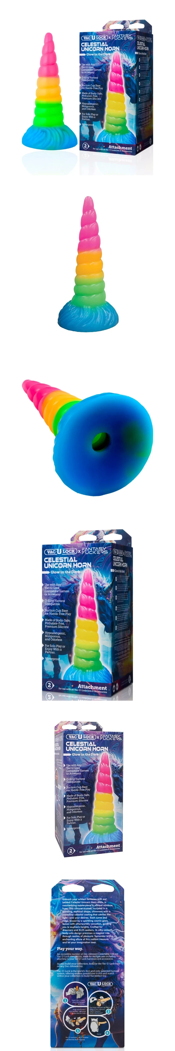 doc johnson vac-u-lock x fantasy fuckers celestial unicorn horn harness compatible dildo multi-colored silicone