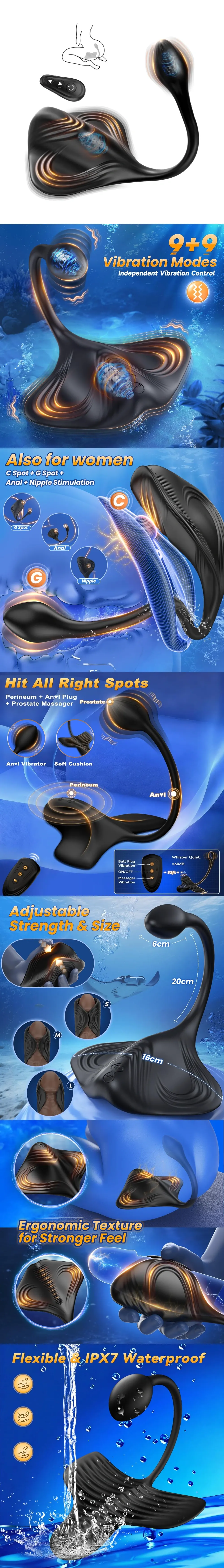 Venusfun Manta Ray dual motor 9+9 vibrator prostate massager for men and couples featuring sit and ride