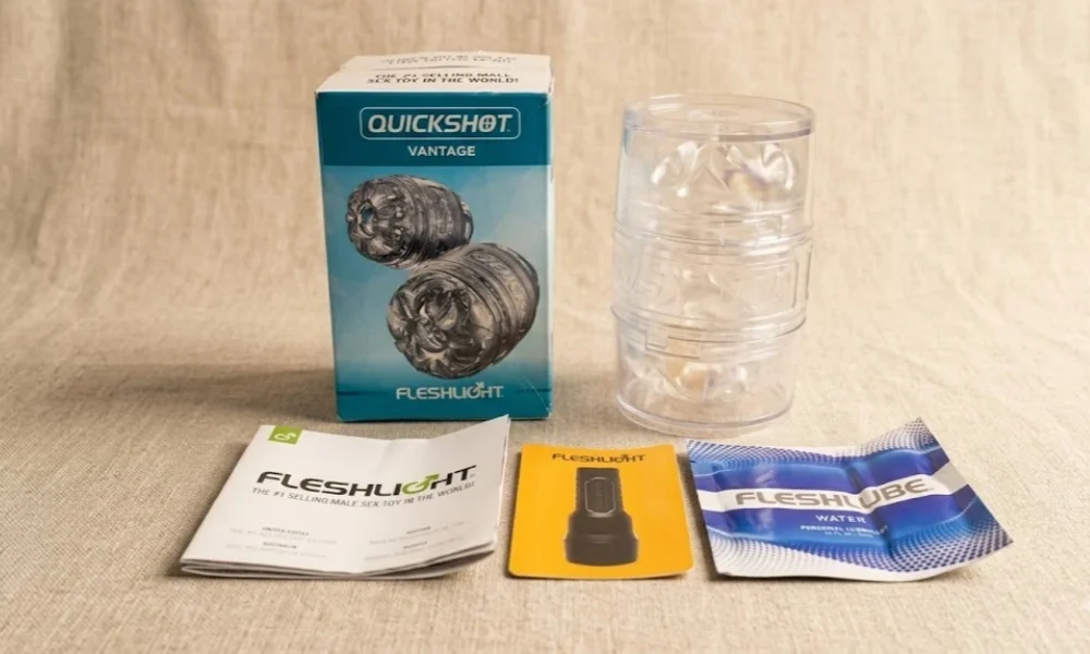 Fleshlight Quickshot Vantage open-ended stroker showing compact texture and short sleeve design for direct stimulation
