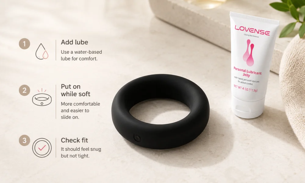 How to Put on a Cock Ring Step by Step Step-by-step visual guide showing how to put on a cock ring with lube, soft placement, and fit check