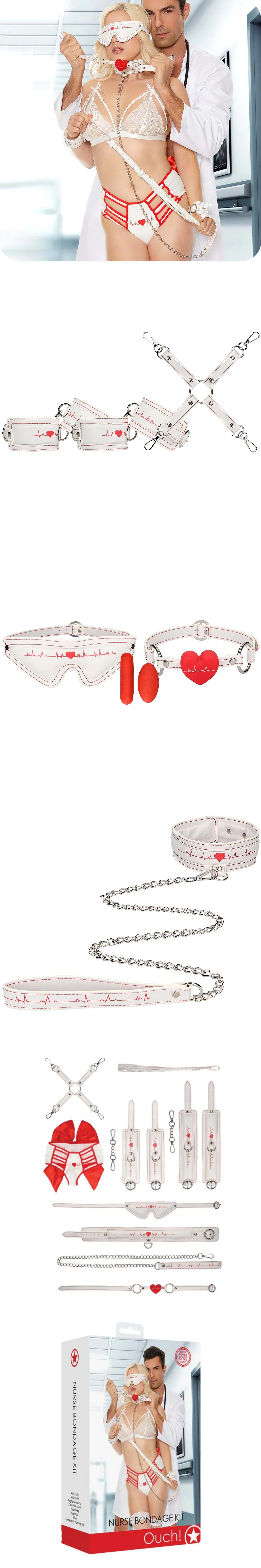 ouch nurse bondage kit with bdsm restraints vibrating slip collar leash gag and whip for couples roleplay