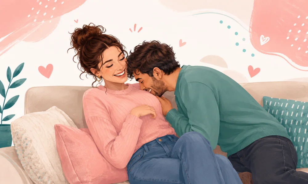 Playful couple sharing a lighthearted motorboating moment with comfort, consent, and affectionate intimacy Playful fully clothed couple laughing during a lighthearted motorboating moment, showing comfort and affectionate breast play context