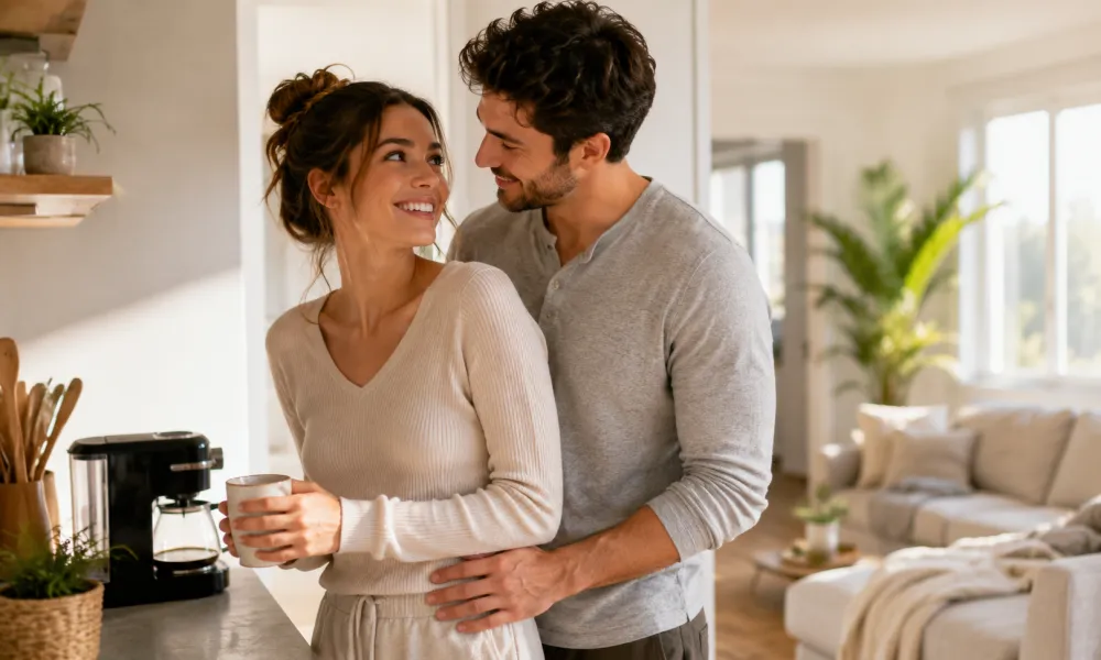 Thoughtfulness and Connection Can Help Turn Her On Warm couple moment in the kitchen showing how thoughtfulness and emotional connection can help build female desire