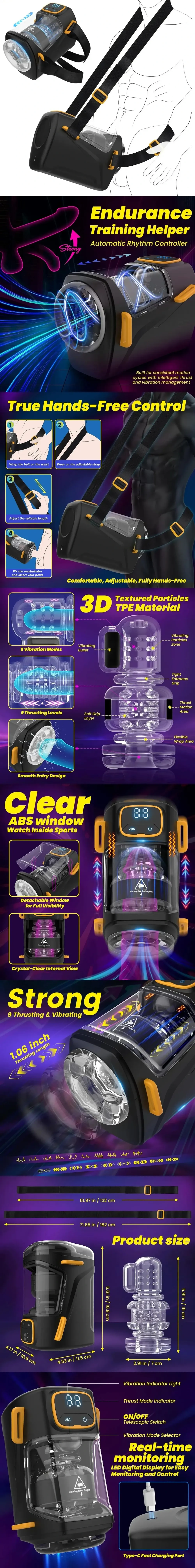 venusfun hands free male masturbator with adjustable strap 9 thrust modes vibrating sleeve and lcd display for endurance training