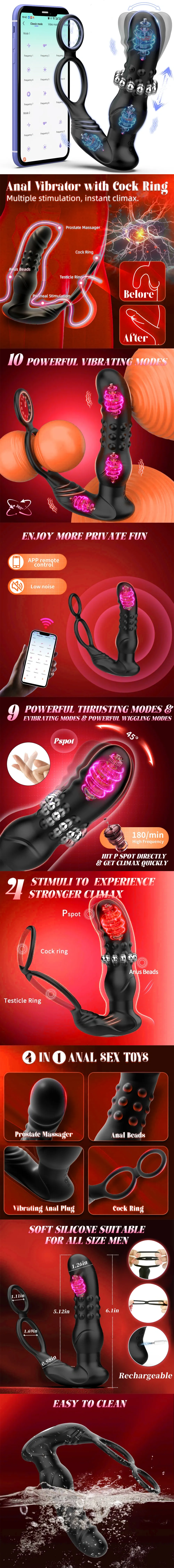 venusfun thrusting butt plug anal dildo with cock ring and 9 wiggling vibrating modes for men