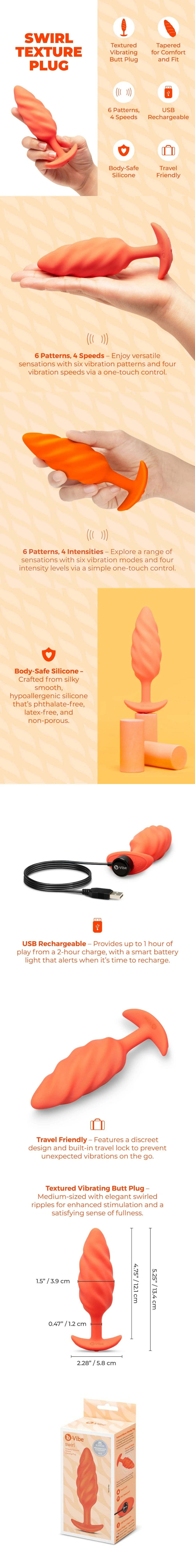 b-Vibe Swirl Texture medium vibrating silicone anal plug designed for prostate orgasm