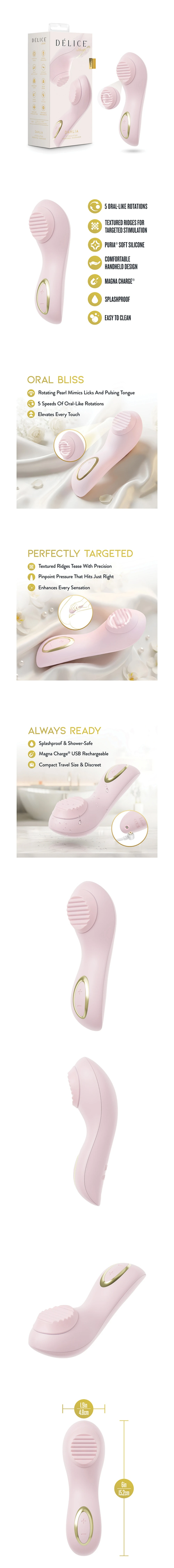 blush dahlia rotating stimulating personal massager with rechargeable silicone body and rotating pearl