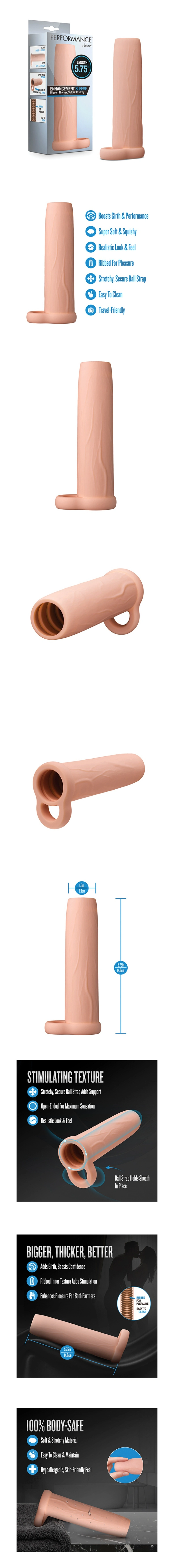 blush performance 5.75 inch enhancement sleeve for men girth boosting ribbed cock extender with secure ball strap