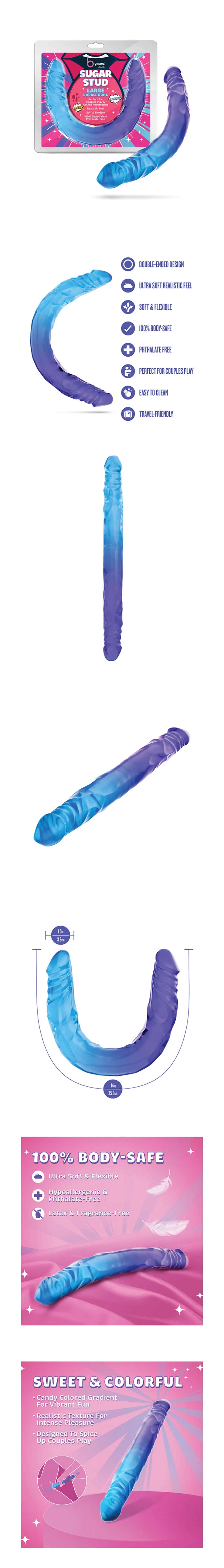 blush b yours 14 inch large double dong sugar stud flexible dildo body safe pvc for lesbian couples shared play