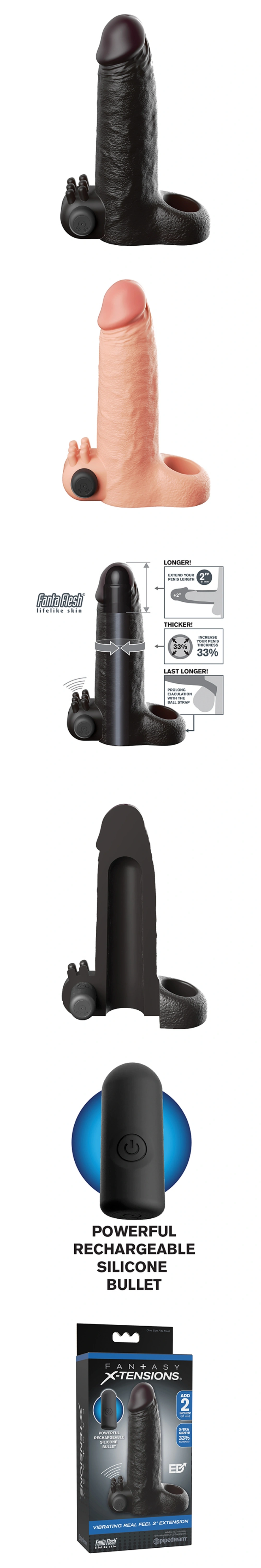 pipedream fantasy x tensions vibrating real feel 2 in penis extension cock sleeve