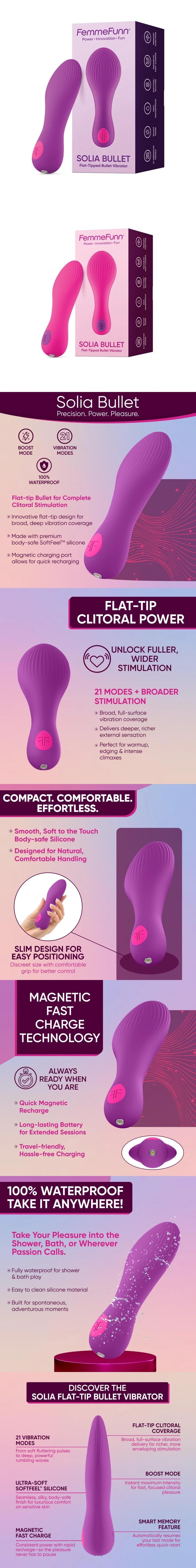 femme funn solia bullet vibrator flat tip pinpoint clitoral 21 modes silicone waterproof mini vibrator