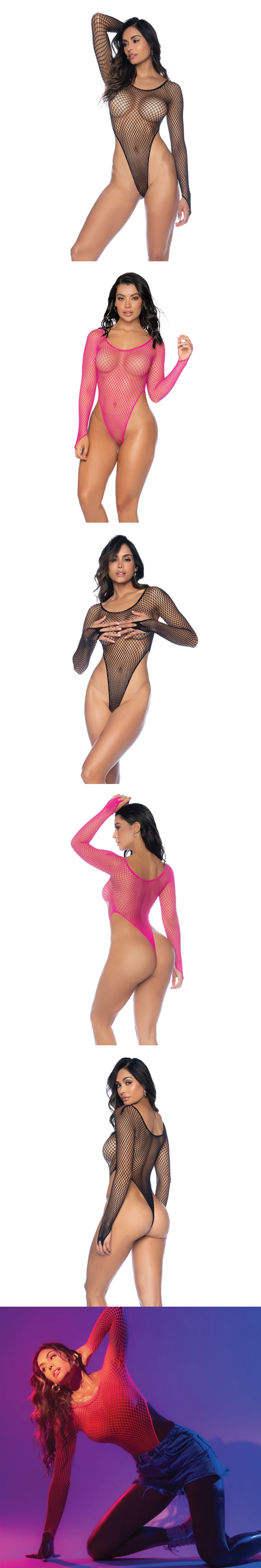 mapale fishnet long sleeve high leg bodysuit
