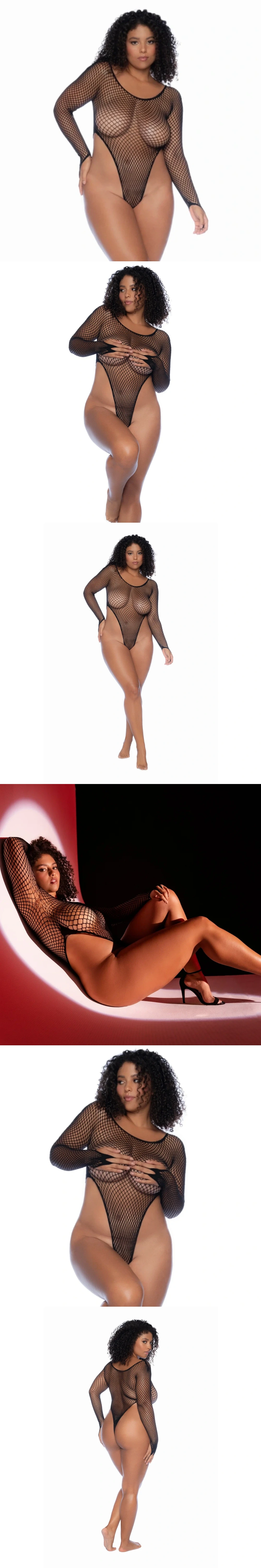 mapale black long sleeve sheer mesh bodysuit plus size