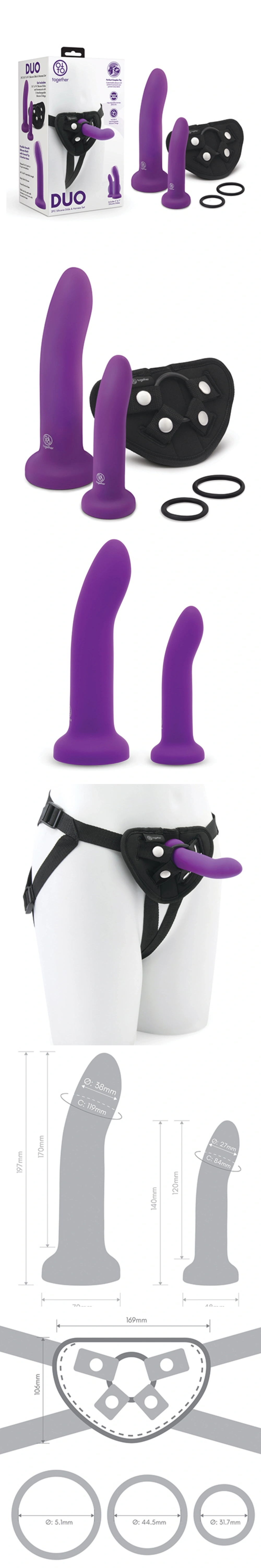 together 2 pc 5.5” & 7.75” silicone dildo & harness set