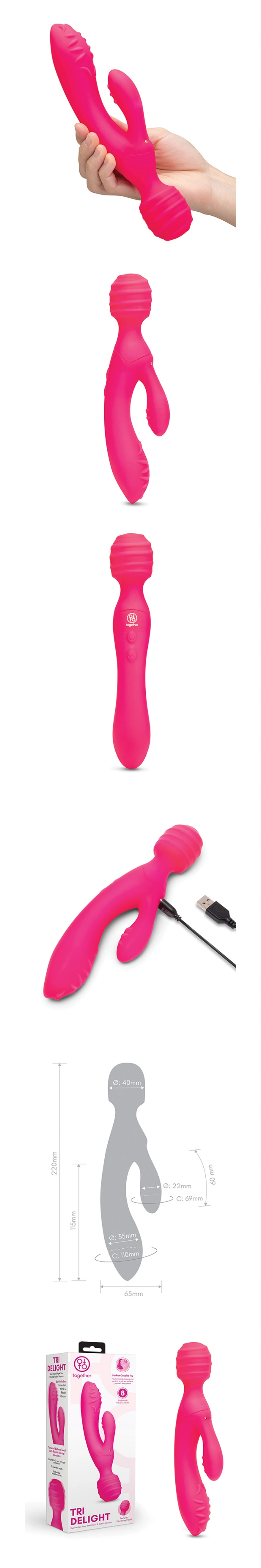 together tri delight dual ended triple stimulation wand and rabbit vibrator 8 modes pink silicone rechargeable women sex toy