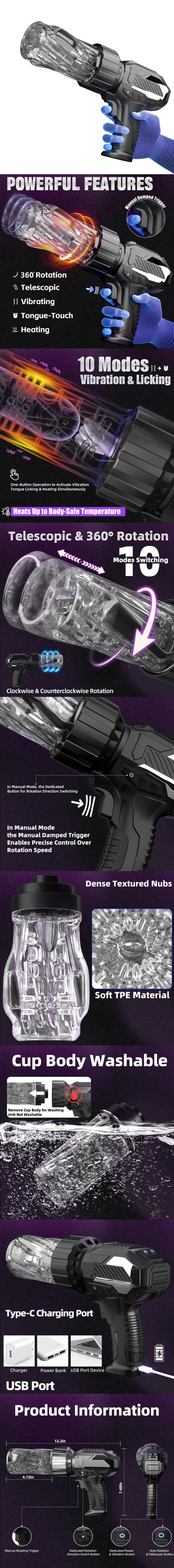 Venusfun gun shape male masturbator 5 in 1 rotating thrusting licking vibrating stroker