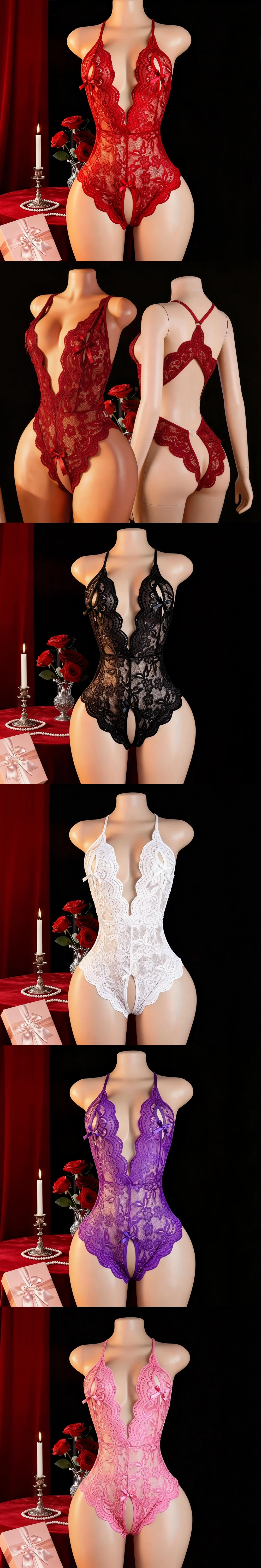 venusfun lacy lingerie bodysuit for women sheer lace open crotch curve fit nightwear