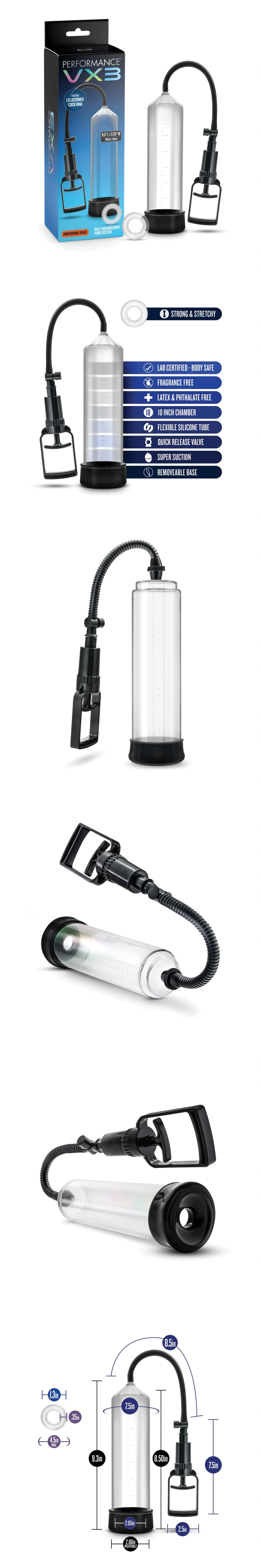 blush performance vx3 dick pump for men with clear vacuum chamber strong suction handle and stamina ring