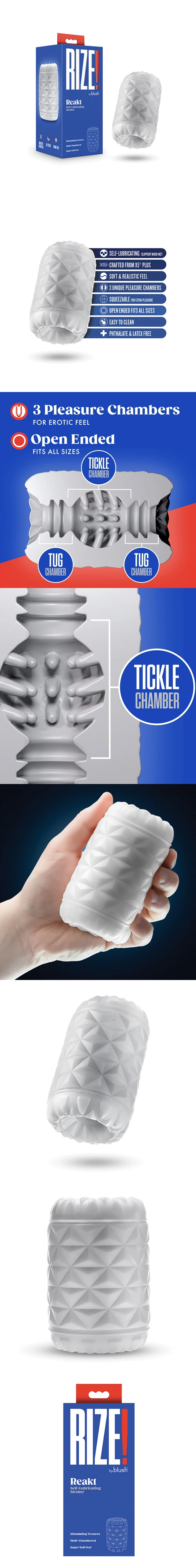 Blush Rize Reakt self lubricating silicone stroker for men with soft X5 Plus material, three textured pleasure chambers, and an open ended design